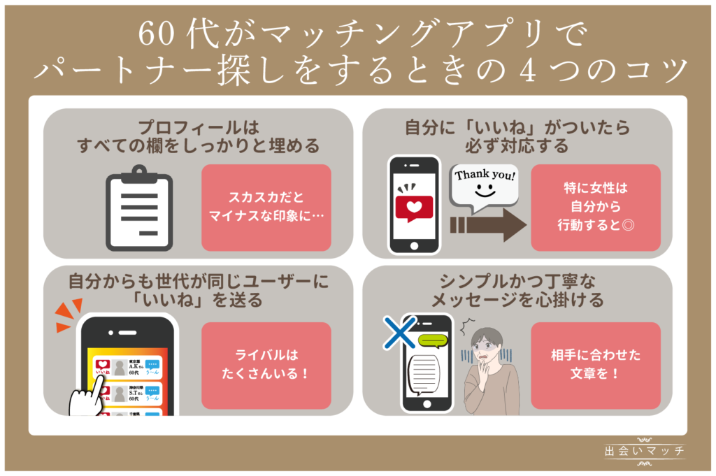 60代がマッチングアプリでパートナー探しをするときの4つのコツ